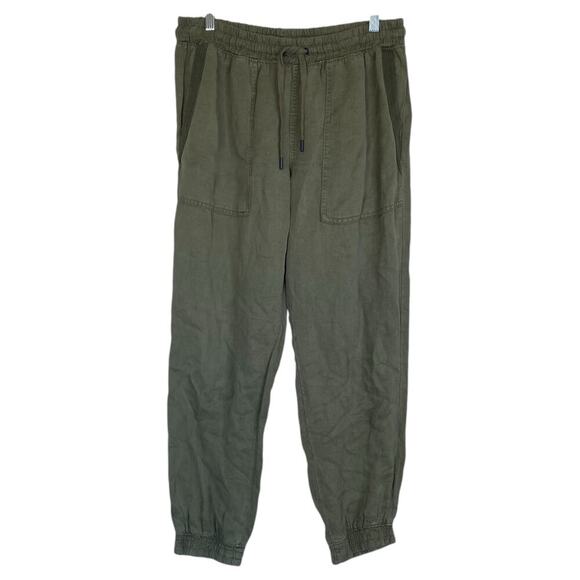 ZARA Khaki Green Linen Blend Pants High Rise Joggers Size Medium Olive Pockets - Picture 2 of 8